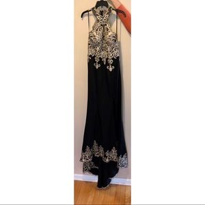 black, gold embroidered prom dress